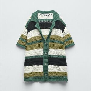 Striped Crochet Oversized Knit Button Down